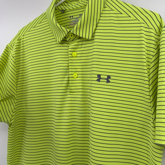 Under Armour Polo Shirt Men Large Yellow Neon Stripes Golf Stretch Performance - Picture 4 of 12